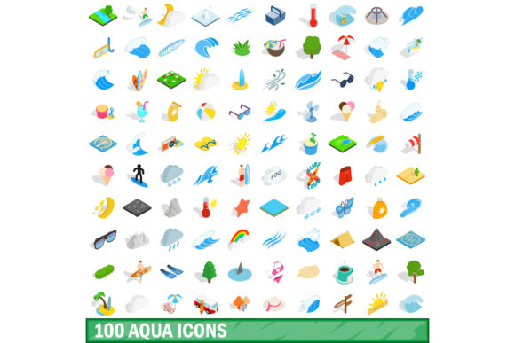 100 Aqua Icons Set Isometric 3D Style