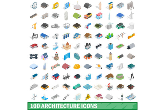 100 Architecture Icons Set, Isometric 3D Design