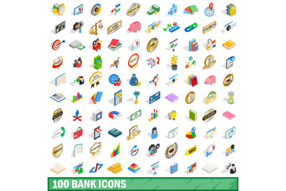 100 Bank Icons Set: Isometric 3D Style for Modern Design