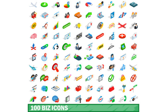 100 Biz Icons Set, Isometric 3D Style for Visual Communication