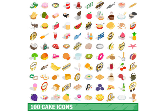 100 Cake Icons Set, Isometric 3D Style