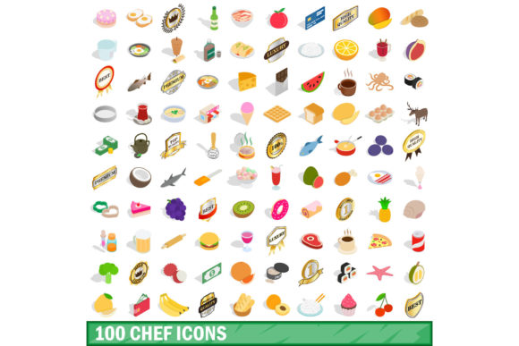 100 Chef Icons Set, Isometric 3d Style