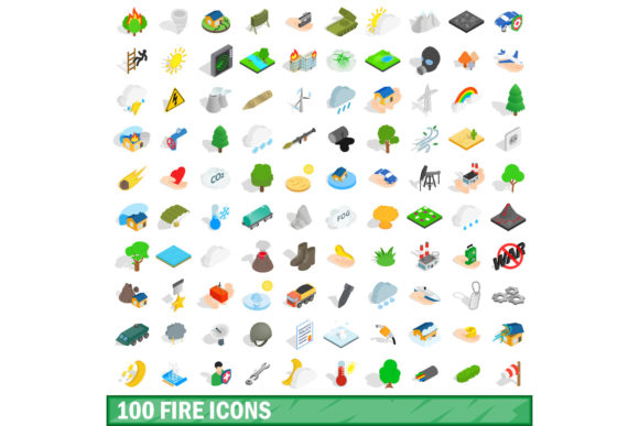 100 Fire Icons Set: Isometric 3D Style