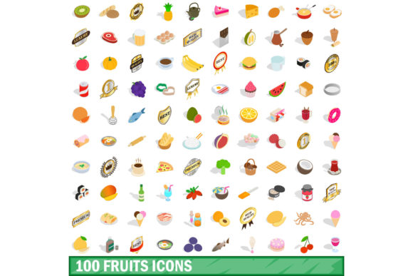 100 Fruits Icons Set, Isometric 3d Style