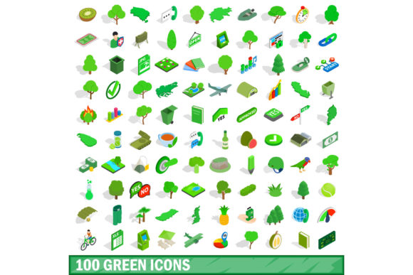 100 Green Icons Set, Isometric 3D Style