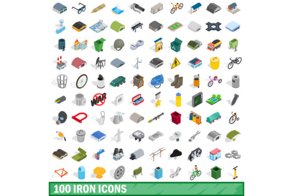 100 Iron Icons Set: Isometric 3D Style