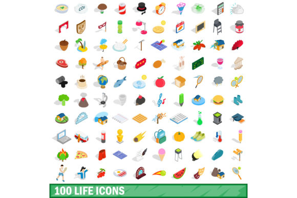 100 Life Icons Set, Isometric 3D Style