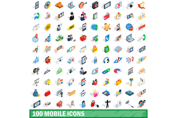 100 Mobile Icons Set, Isometric 3d Style