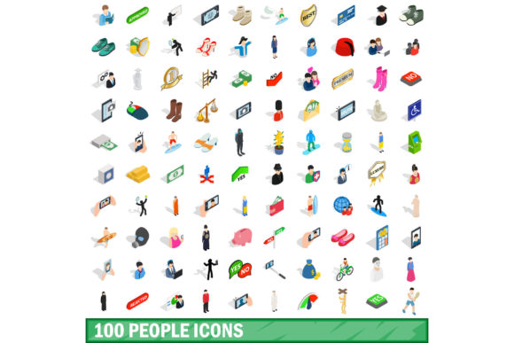 100 People Icons Set, Isometric 3D Style Overview