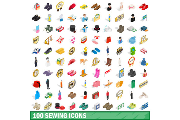 100 Sewing Icons in Isometric 3D Style