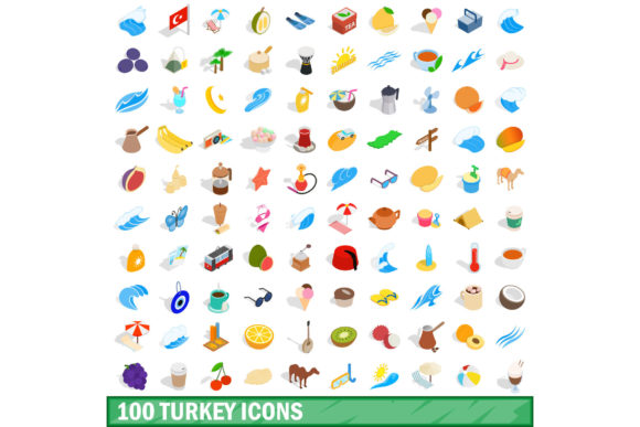 100 Turkey Icons Set in Isometric 3D Style