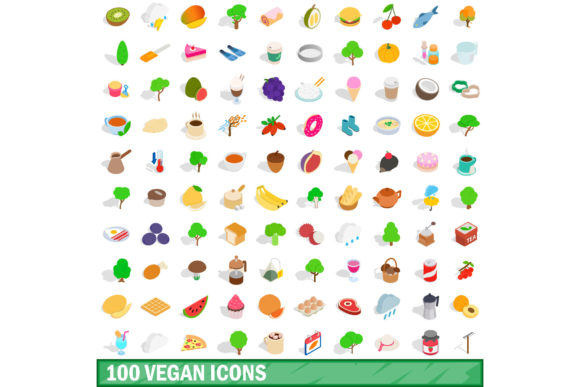 100 Vegan Icons Set, Isometric 3d Style: Visual Storytelling for the Plant-Based Movement